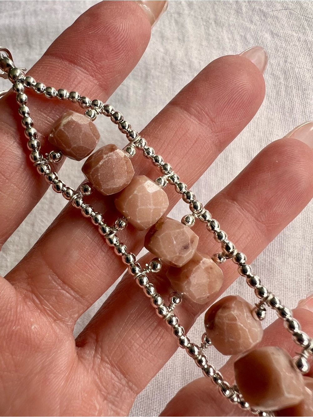 925 Peach ADVENTURINE Faceted Bead Bracelet 7-9”